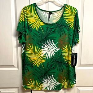 Ashly Blue Green Multi Color Fern Print Short Sleeve Tee Shirt Size 2XL NWT